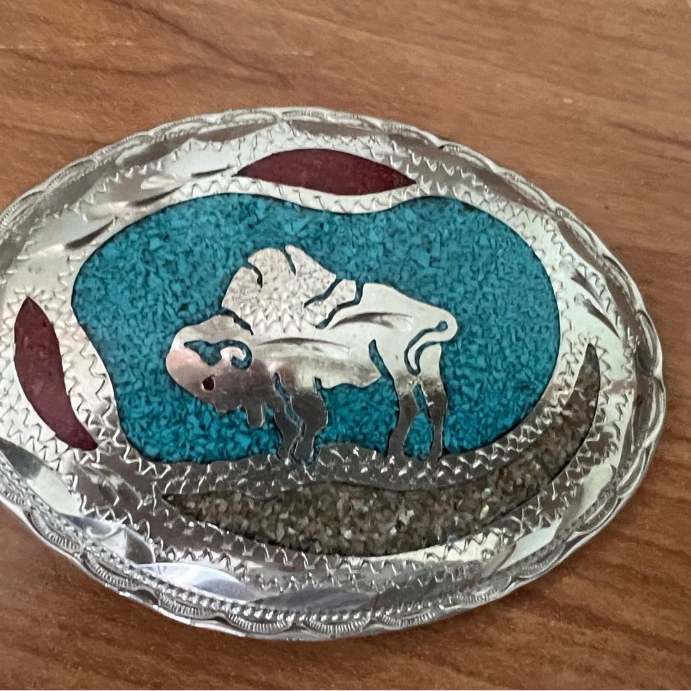 Silver and Turquoise Bison Art Piece